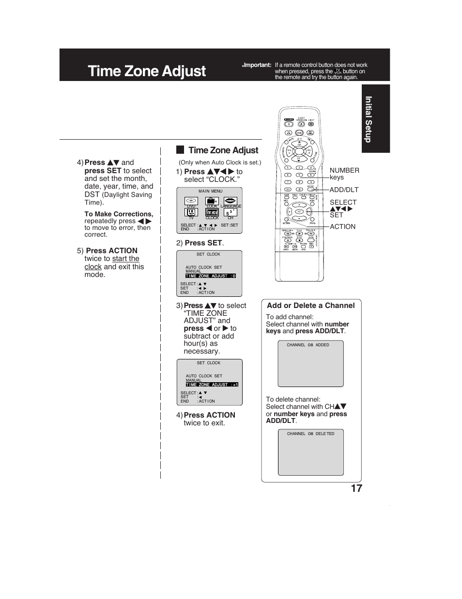 Time zone adjust, Initial setup | Panasonic PV-DM2792 User Manual | Page 17 / 75