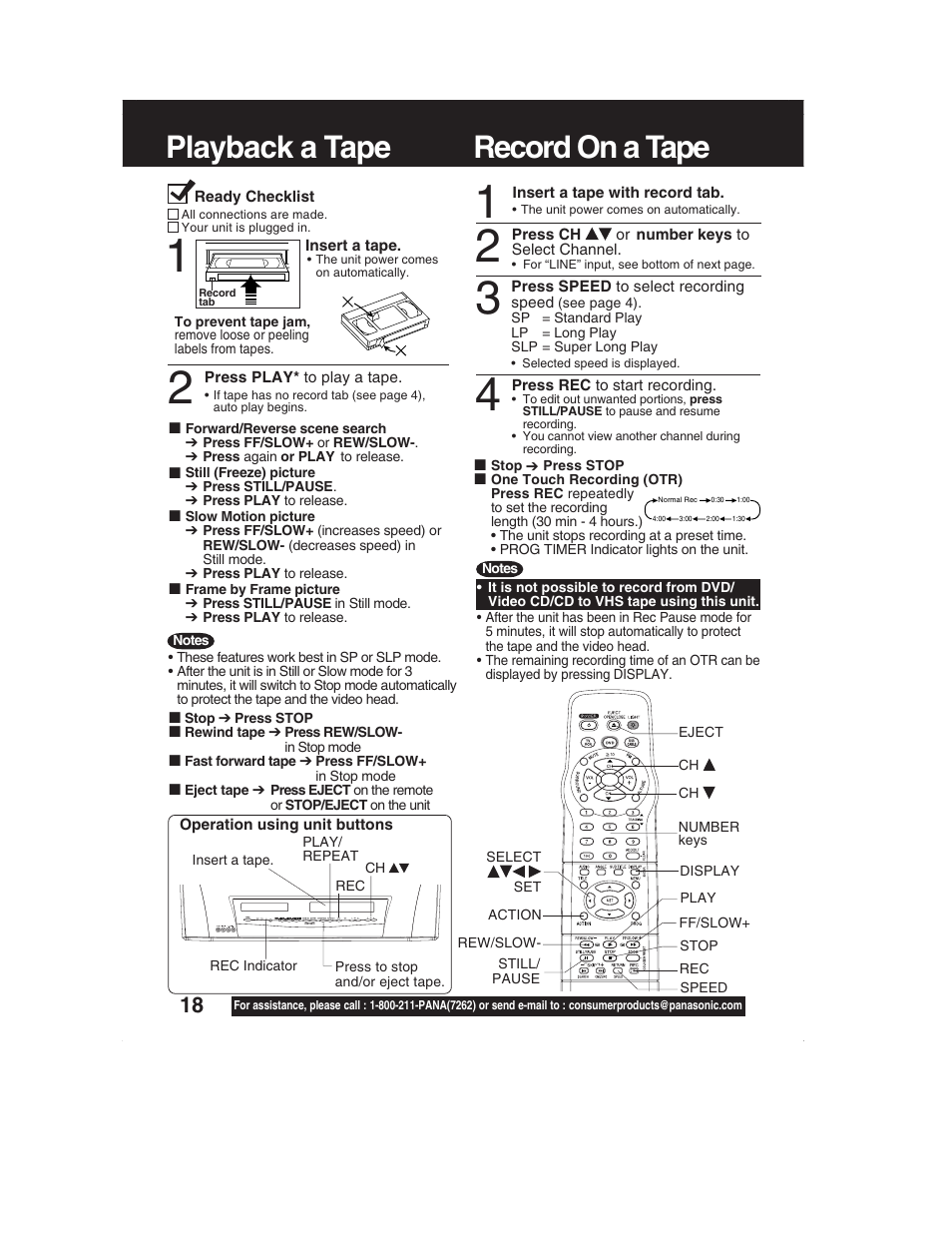 Basic operation (tv/vcr/dvd), Playback a tape, Record on a tape | Record on a tape playback a tape | Panasonic PV-DM2792 User Manual | Page 18 / 75