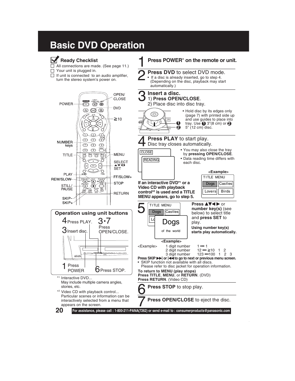 Basic dvd operation, Dogs, Press play to start play | Panasonic PV-DM2792 User Manual | Page 20 / 75