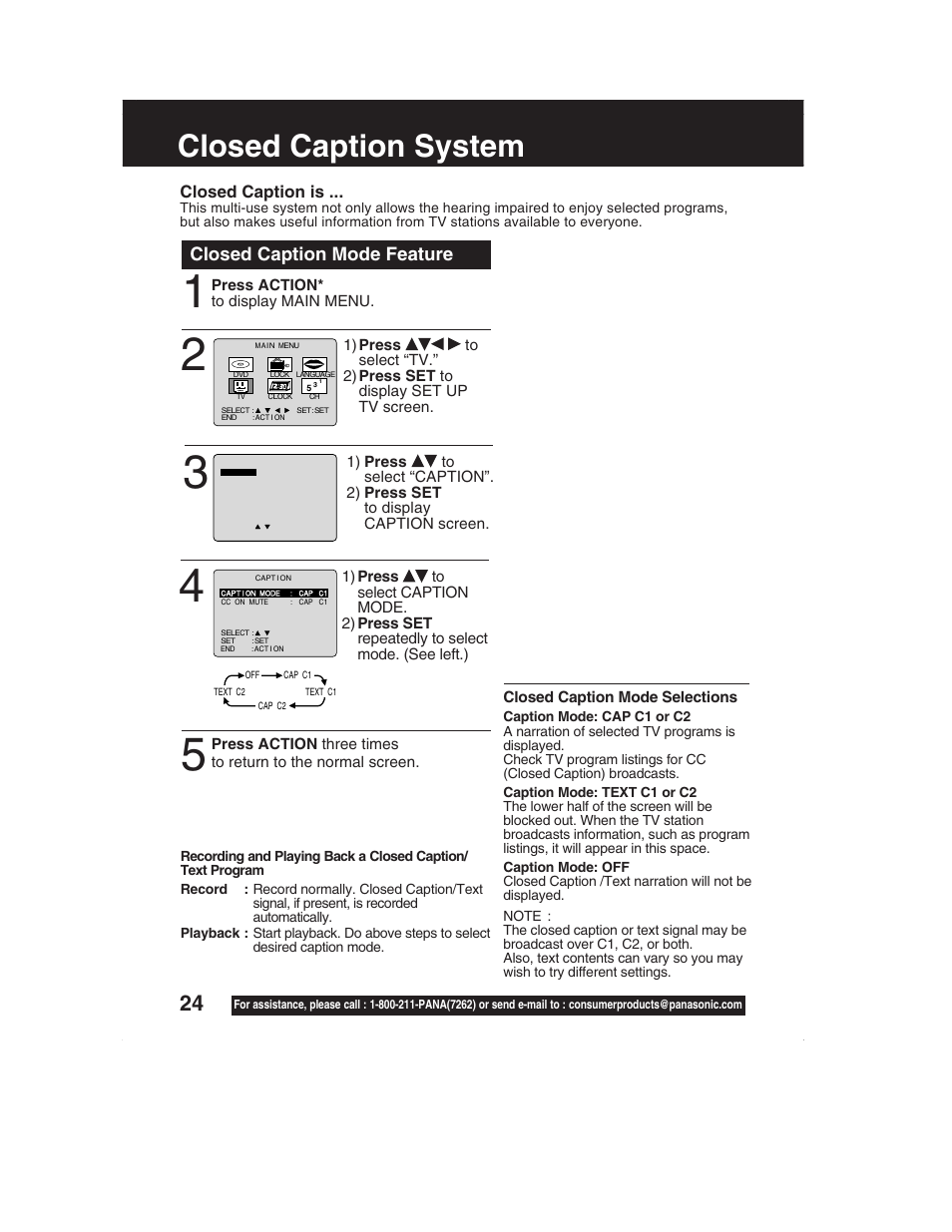 Closed caption system, Closed caption mode feature, Closed caption is | Panasonic PV-DM2792 User Manual | Page 24 / 75