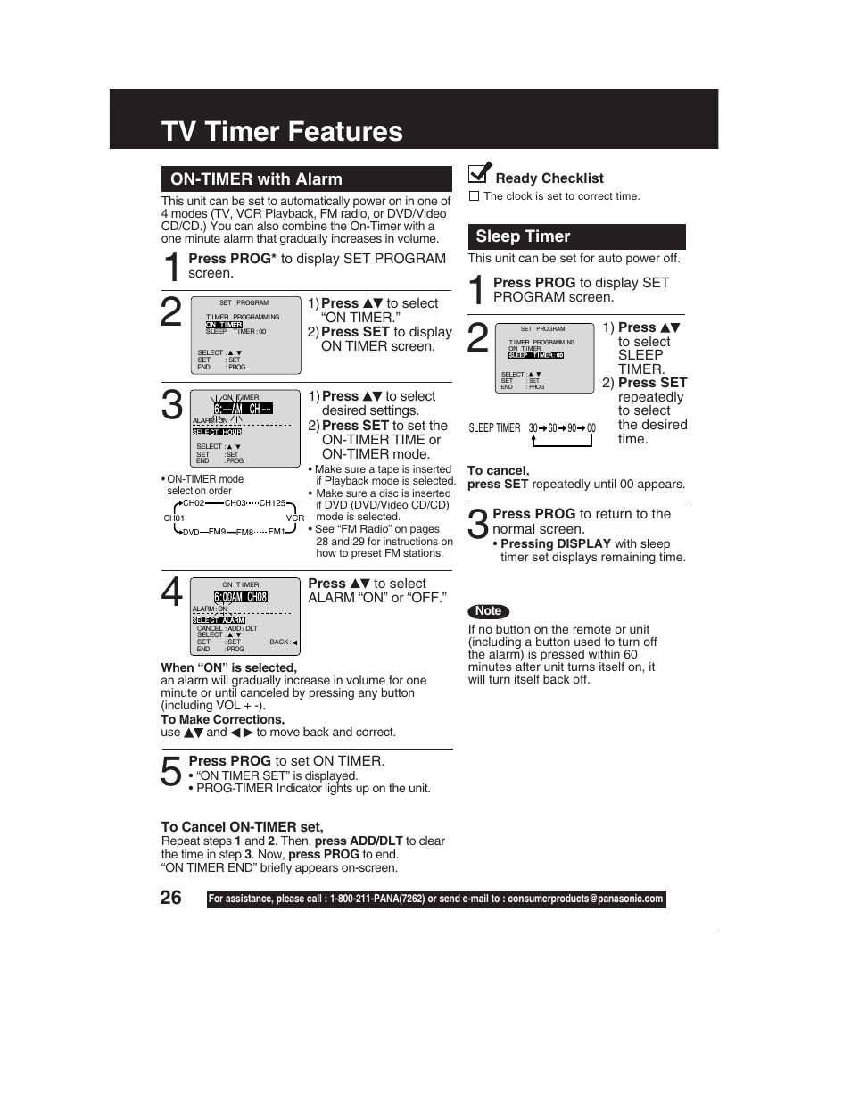 Tv timer features, On-timer with alarm, Sleep timer | Panasonic PV-DM2792 User Manual | Page 26 / 75