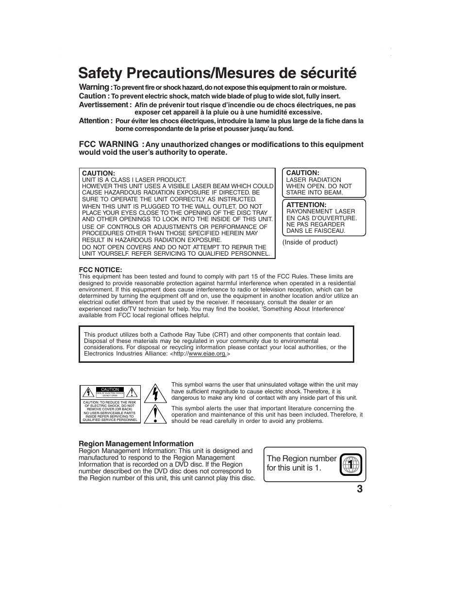 Safety precautions/mesures de sécurité, Warning, Fcc warning | The region number for this unit is 1 | Panasonic PV-DM2792 User Manual | Page 3 / 75