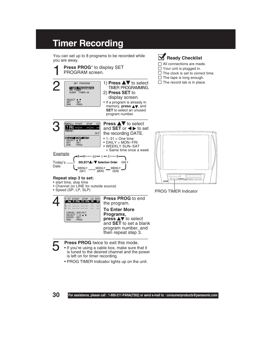 Timer operation (tv/vcr), Timer recording | Panasonic PV-DM2792 User Manual | Page 30 / 75