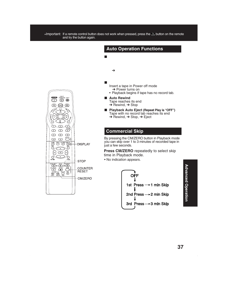 Commercial skip, Auto operation functions | Panasonic PV-DM2792 User Manual | Page 37 / 75