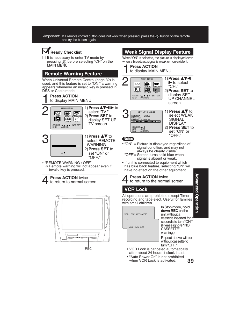 Remote warning feature, Weak signal display feature, Vcr lock | Panasonic PV-DM2792 User Manual | Page 39 / 75