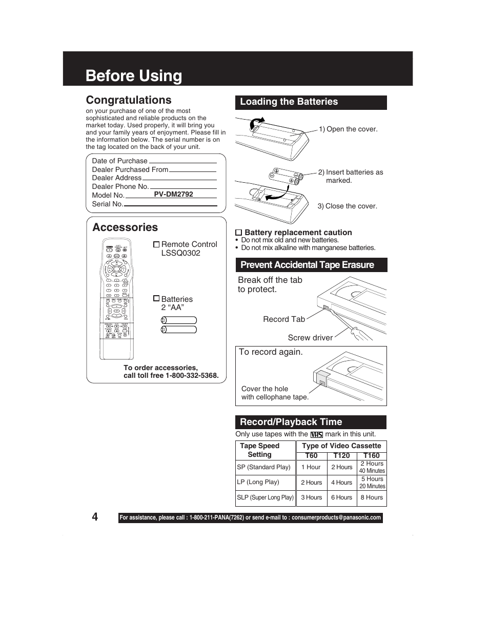 Before using, Self-demo mode, Accessories | Panasonic PV-DM2792 User Manual | Page 4 / 75