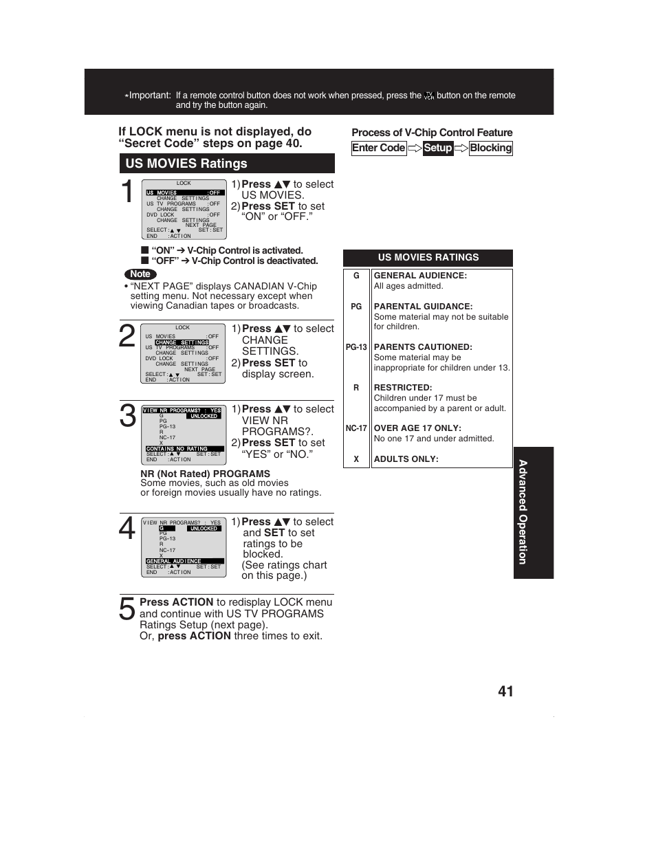 Us movies ratings, If lock menu is not displayed, do, Secret code” steps on page 4 . 0 | Panasonic PV-DM2792 User Manual | Page 41 / 75