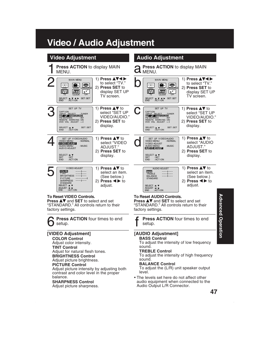 Video / audio adjustment, Audio adjustment video adjustment | Panasonic PV-DM2792 User Manual | Page 47 / 75