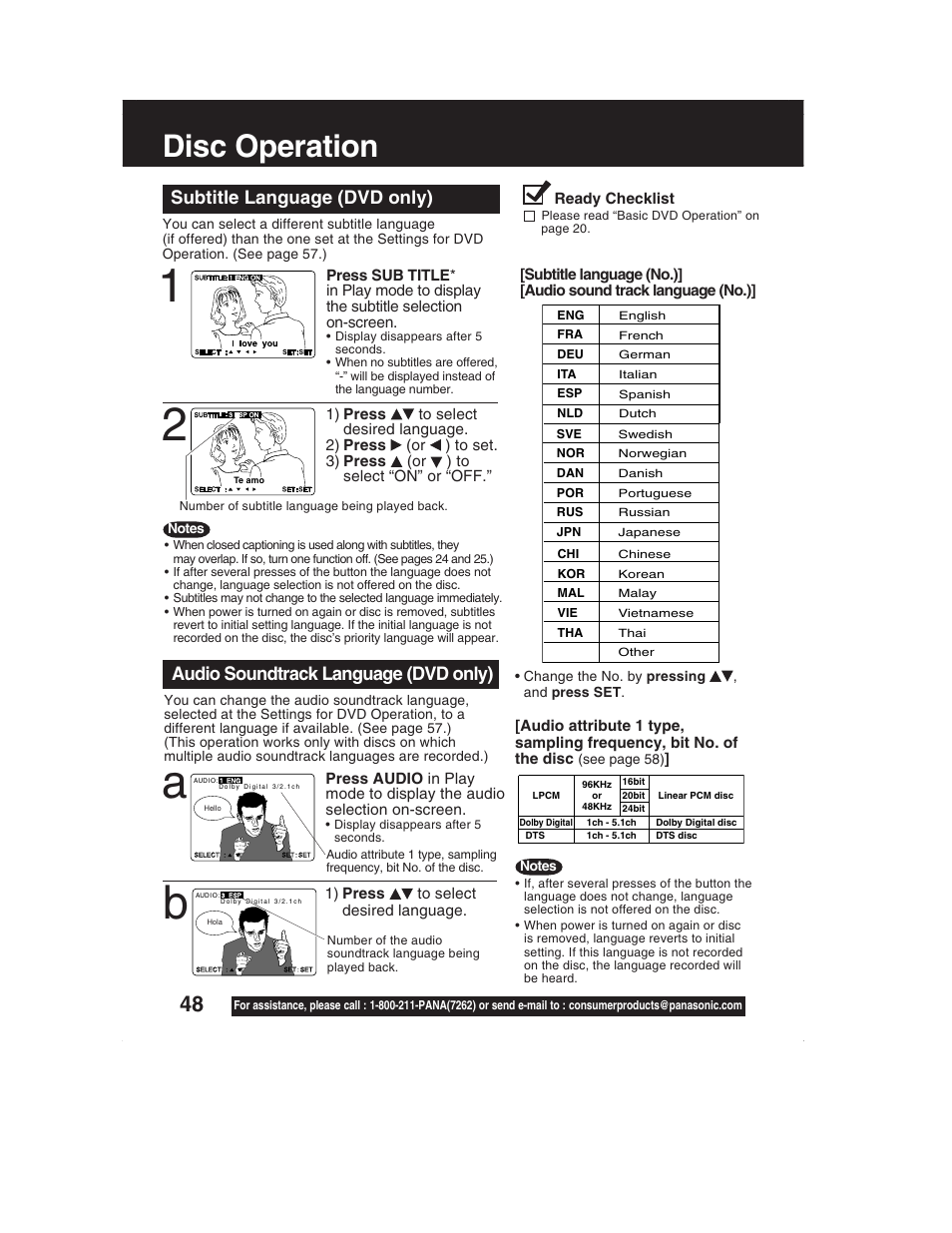 Disc operation, 12 a b, Subtitle language (dvd only) | Audio soundtrack language (dvd only) | Panasonic PV-DM2792 User Manual | Page 48 / 75