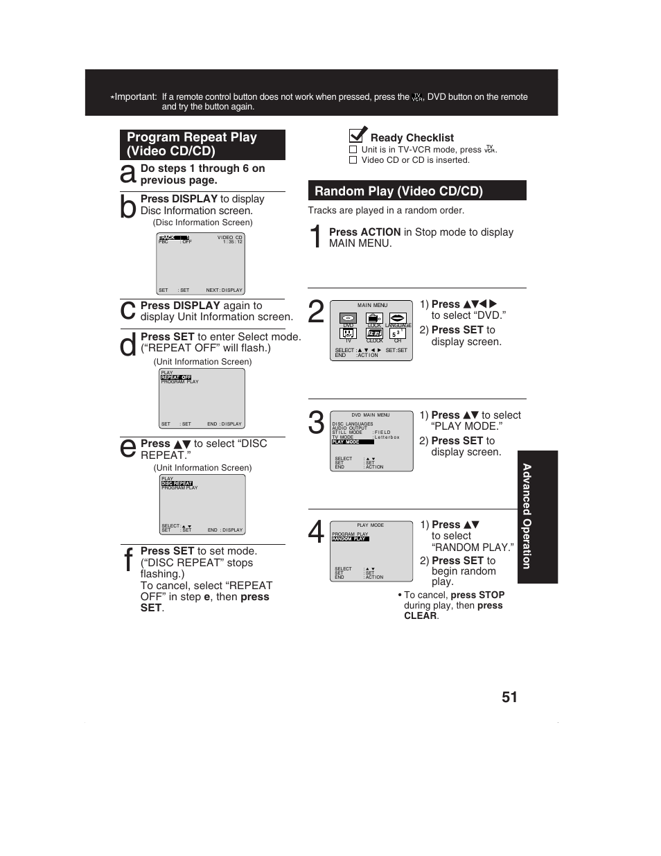Program repeat play (video cd/cd), Random play (video cd/cd) | Panasonic PV-DM2792 User Manual | Page 51 / 75