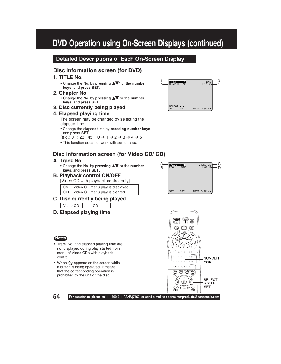Dvd operation using on-screen displays (continued), Detailed descriptions of each on-screen display, Disc information screen (for dvd) | Disc information screen (for video cd/ cd), Title no, Chapter no, A. track no, B. playback control on/off | Panasonic PV-DM2792 User Manual | Page 54 / 75