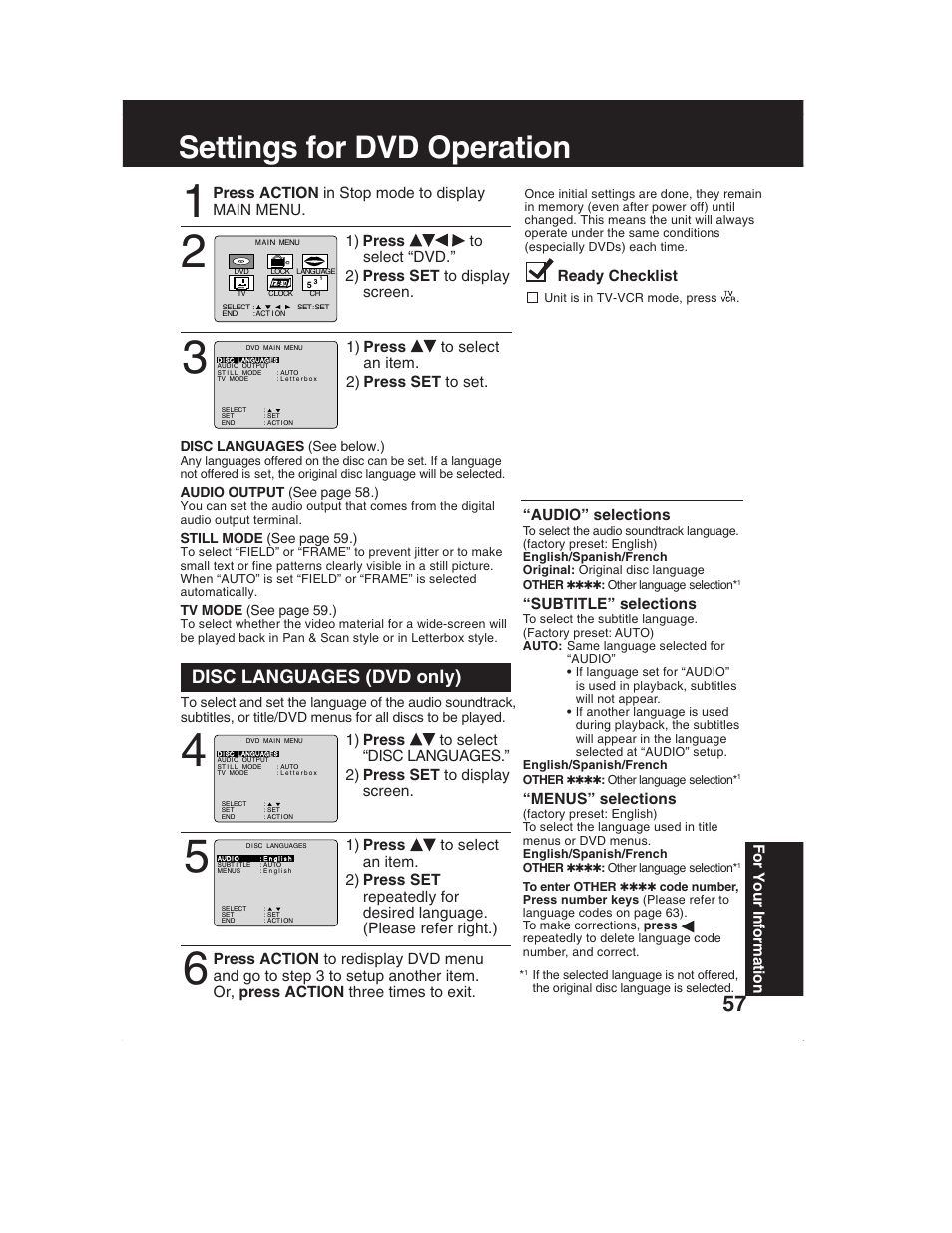 Settings for dvd operation, Disc languages (dvd only) | Panasonic PV-DM2792 User Manual | Page 57 / 75
