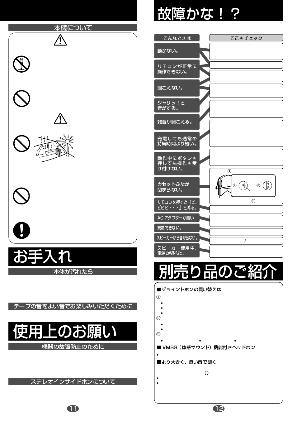 P11,12 お手入れ,使用上のお願い,故障かな!?,別売り品のご紹介 | Panasonic RQ-SX76 User Manual | Page 6 / 8
