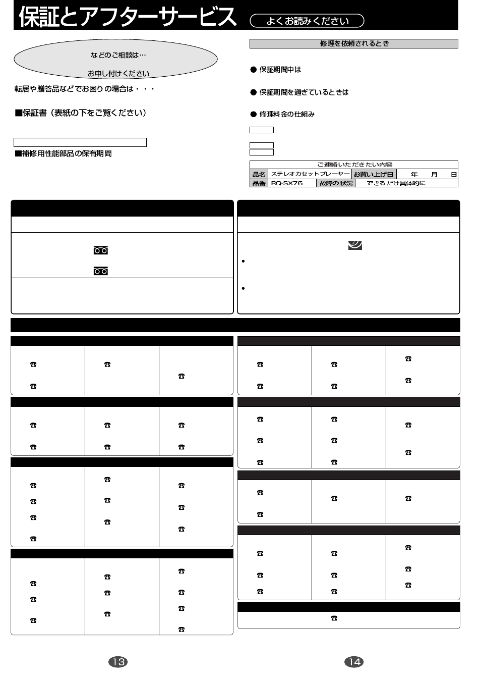 P13,14 保証とアフターサービス | Panasonic RQ-SX76 User Manual | Page 7 / 8