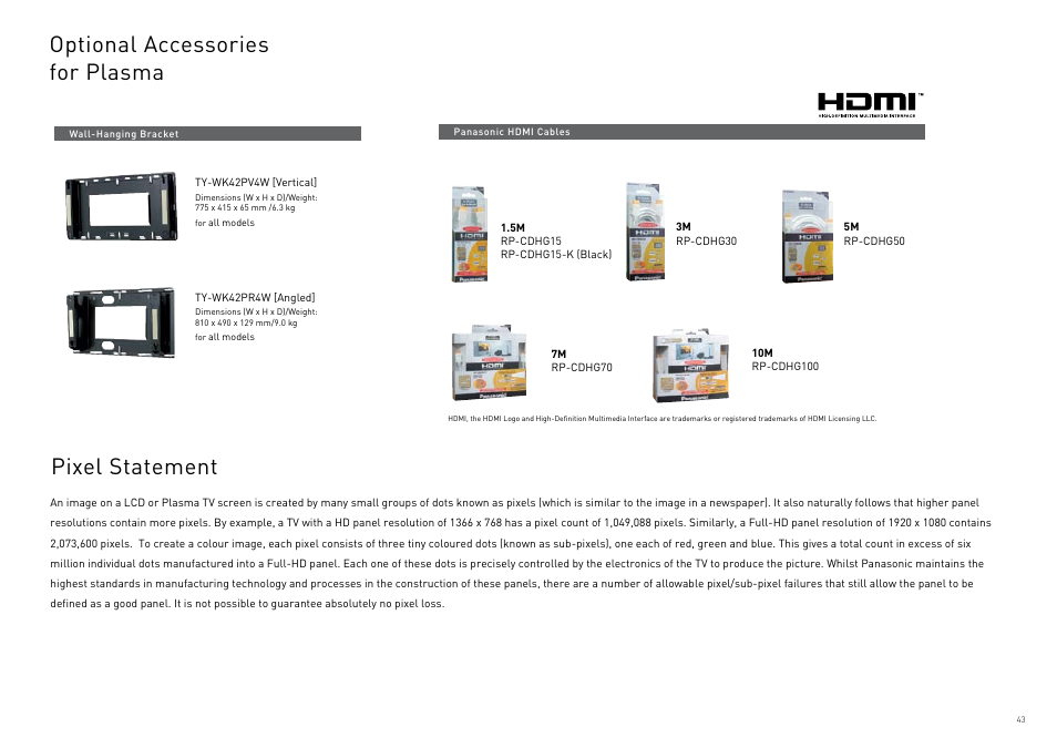 Dimensions for viera plasma, Optional accessories for plasma, Pixel statement | Panasonic Viera TY-WK42PR4W User Manual | Page 43 / 52