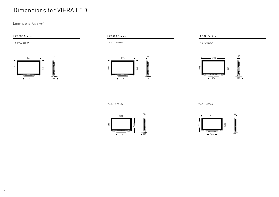 Dimensions for viera lcd, Optional accessories for lcd networking products, Networking products | Panasonic Viera TY-WK42PR4W User Manual | Page 44 / 52