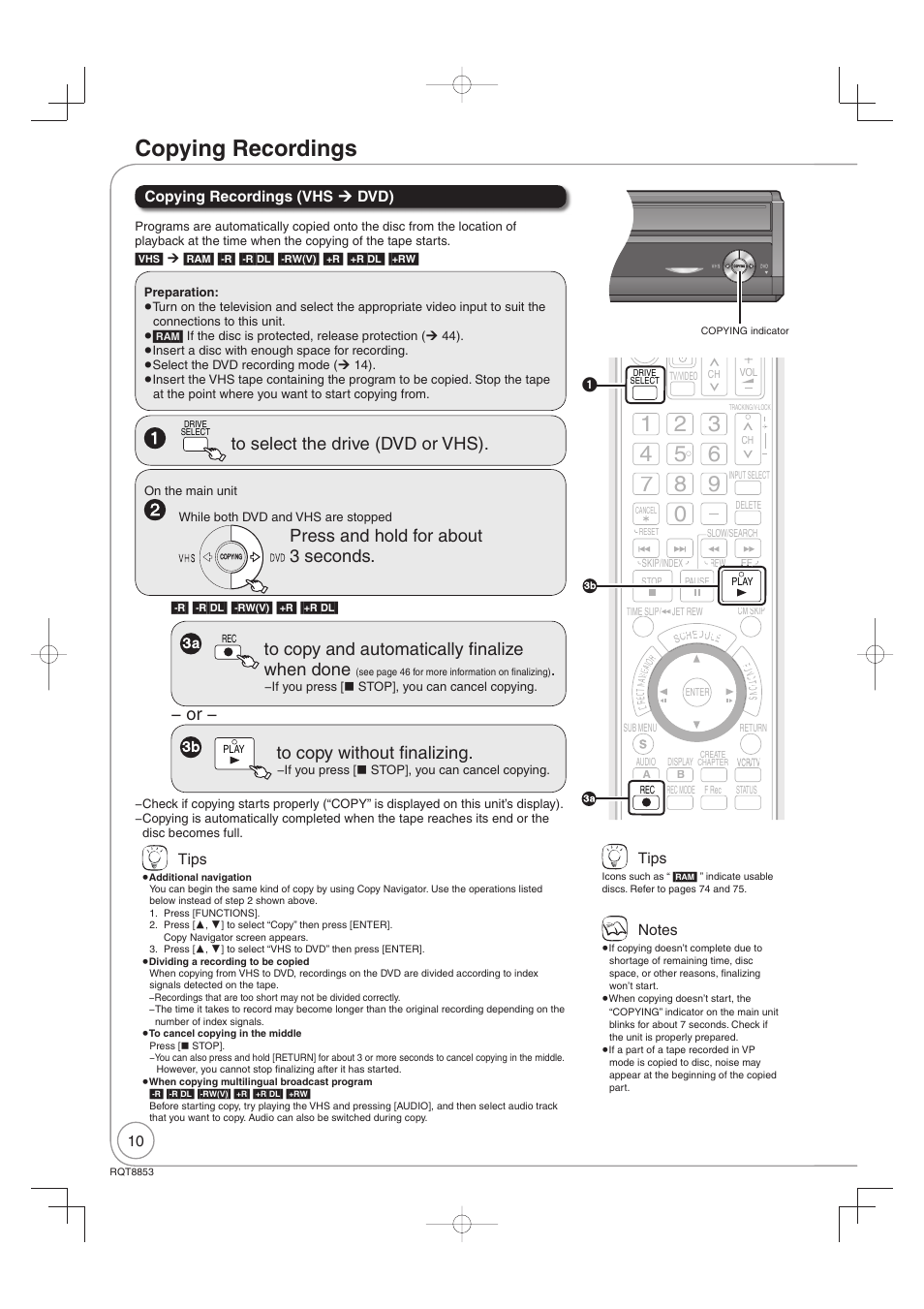 Copying recordings, Press and hold for about 3 seconds | Panasonic DIGA DMR-EZ47V User Manual | Page 10 / 100