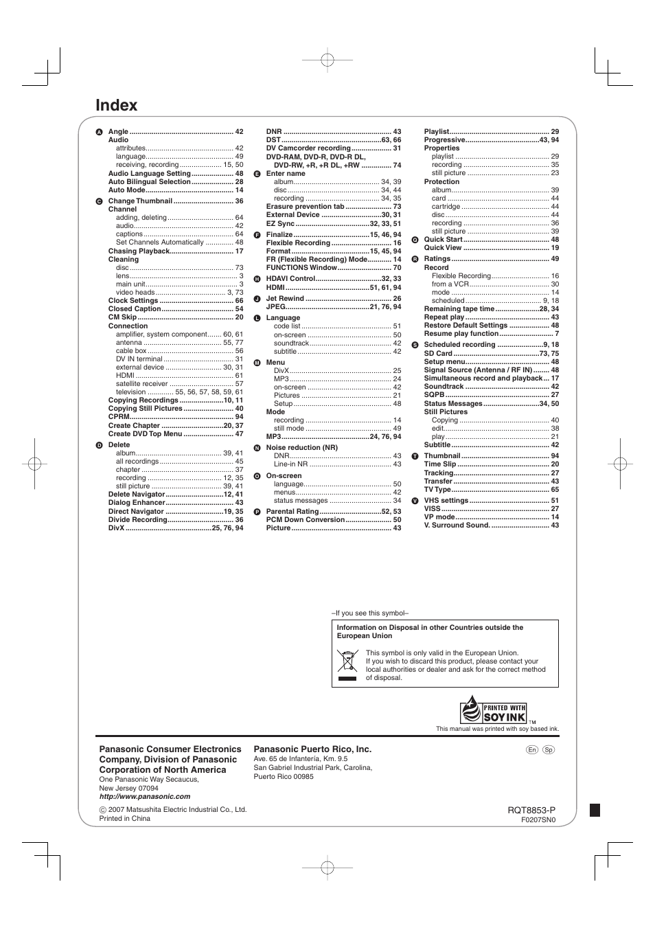Index | Panasonic DIGA DMR-EZ47V User Manual | Page 100 / 100