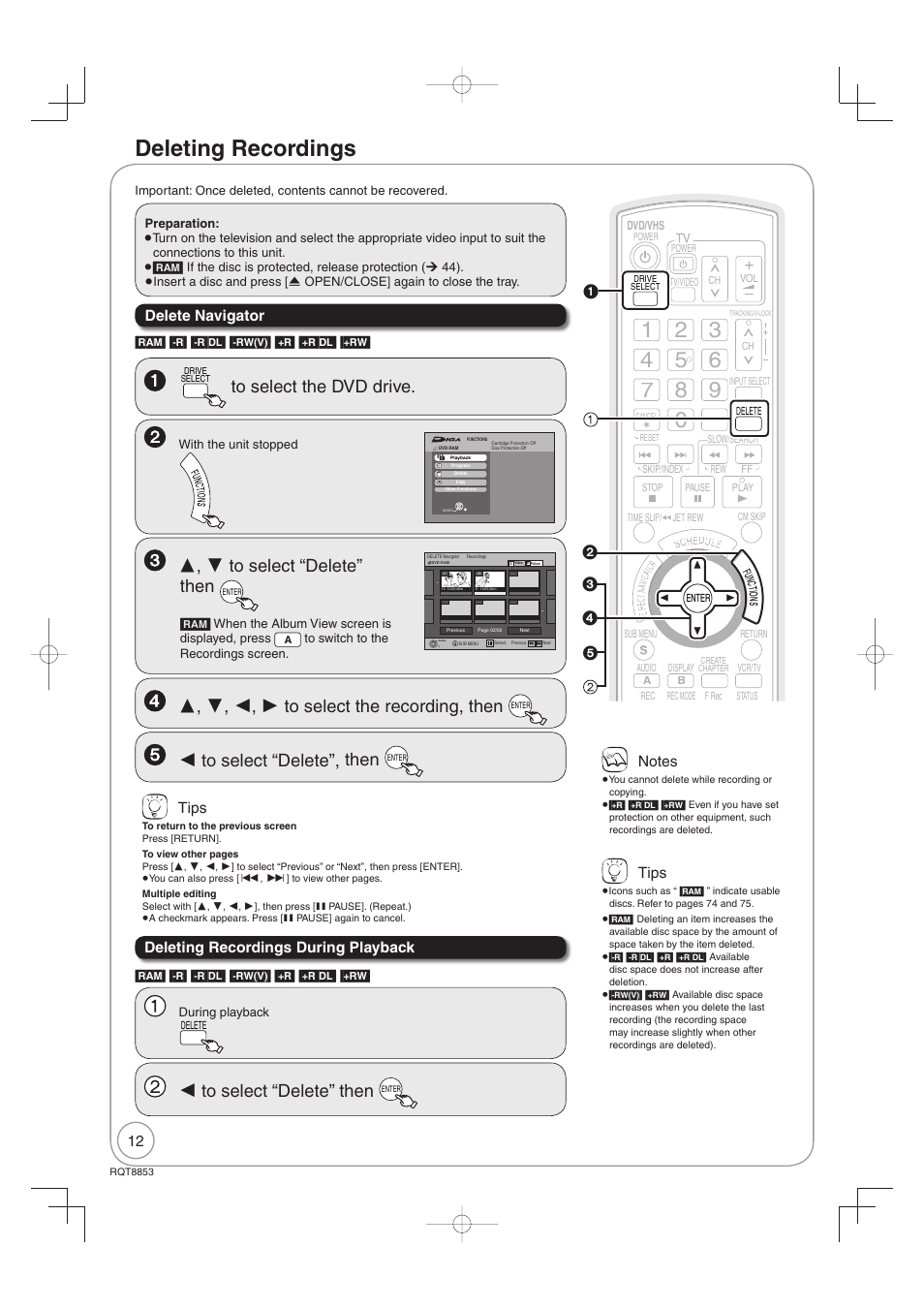 Deleting recordings, Tips, Delete navigator | Deleting recordings during playback | Panasonic DIGA DMR-EZ47V User Manual | Page 12 / 100