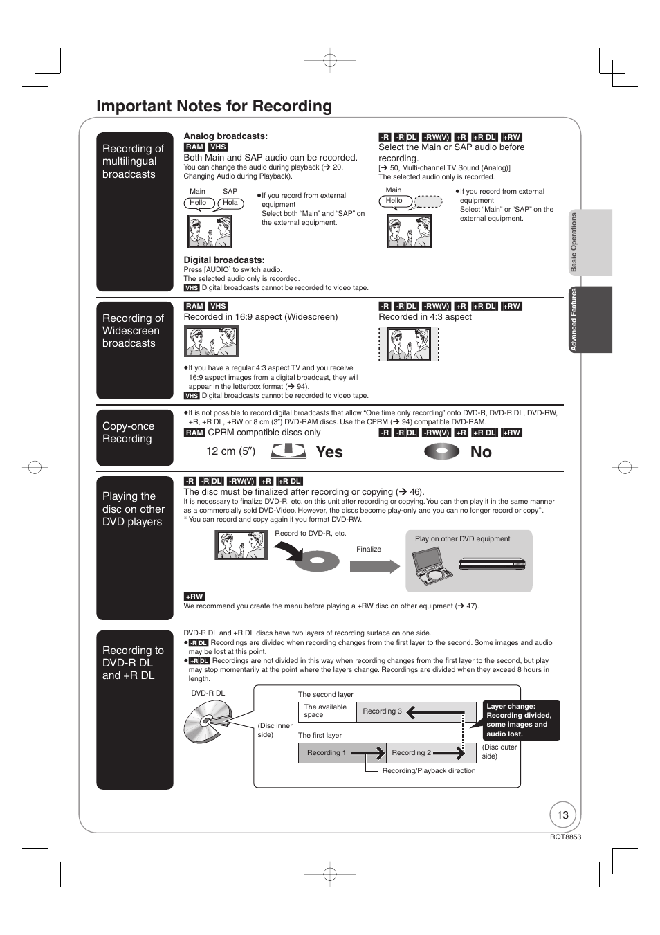 Advanced features, Important notes for recording, Yes no | Panasonic DIGA DMR-EZ47V User Manual | Page 13 / 100