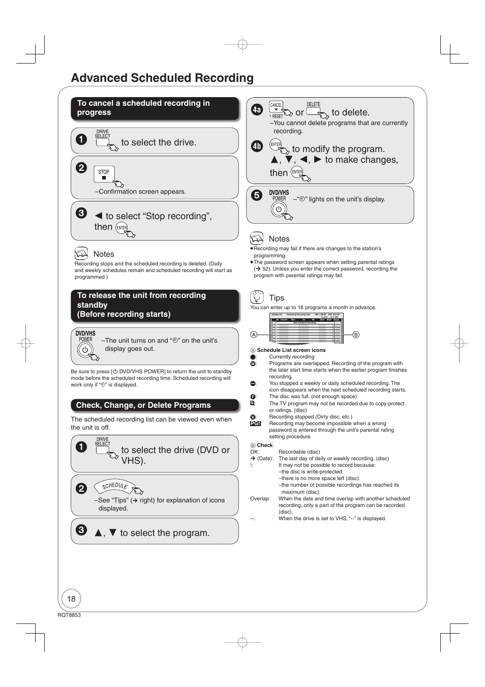 Advanced scheduled recording, Tips | Panasonic DIGA DMR-EZ47V User Manual | Page 18 / 100