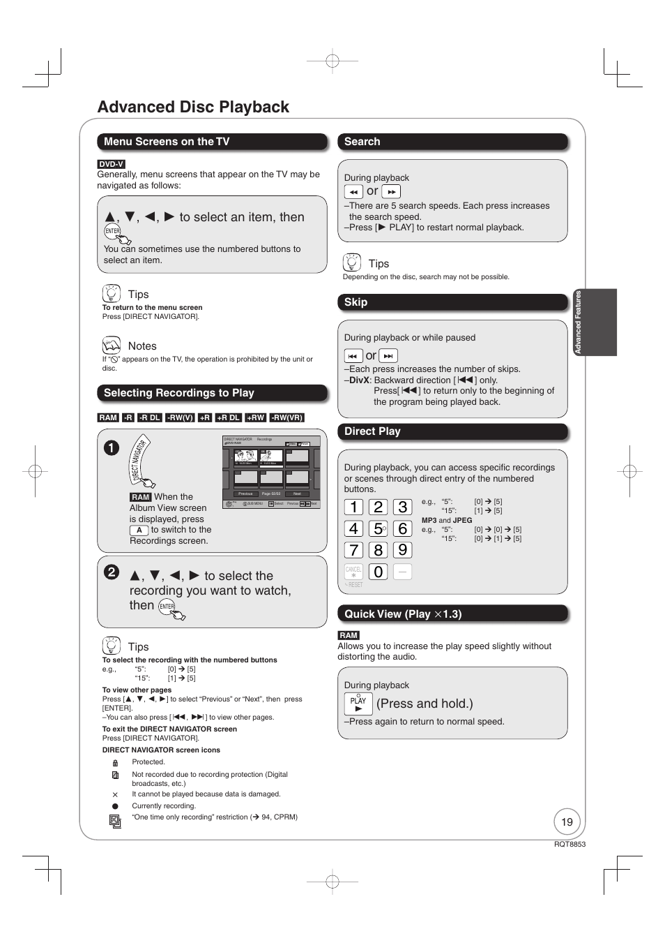 Advanced disc playback, Press and hold.), Search direct play | Tips, Quick view (play  1.3), Skip | Panasonic DIGA DMR-EZ47V User Manual | Page 19 / 100