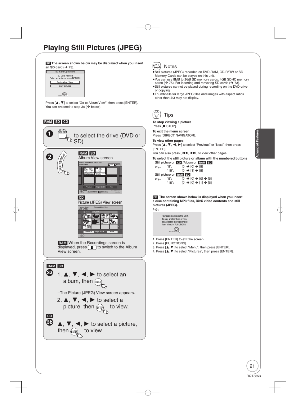 Playing still pictures (jpeg), Tips, Ram] [sd | The picture (jpeg) view screen appears, Ram] [sd] [cd | Panasonic DIGA DMR-EZ47V User Manual | Page 21 / 100