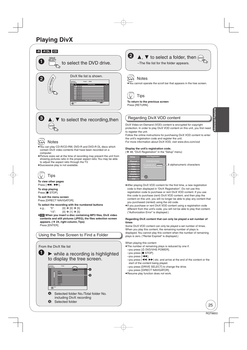 Playing divx, Tips, Using the tree screen to find a folder | Regarding divx vod content, R] [-r]dl] [cd, The fi le list for the folder appears, Divx fi le list is shown | Panasonic DIGA DMR-EZ47V User Manual | Page 25 / 100