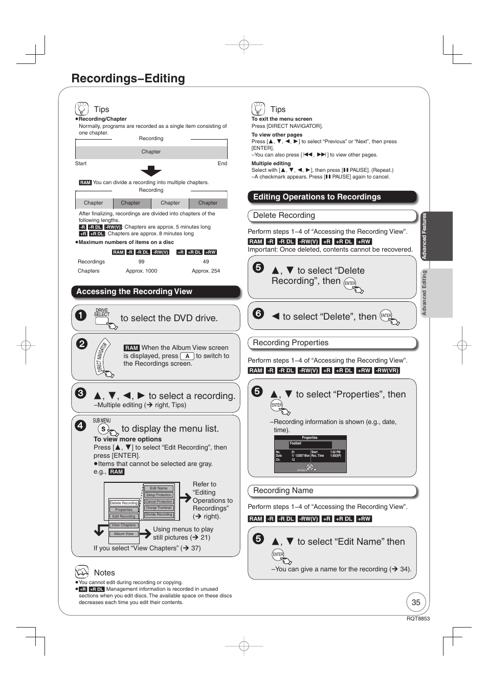 Recordings − editing | Panasonic DIGA DMR-EZ47V User Manual | Page 35 / 100