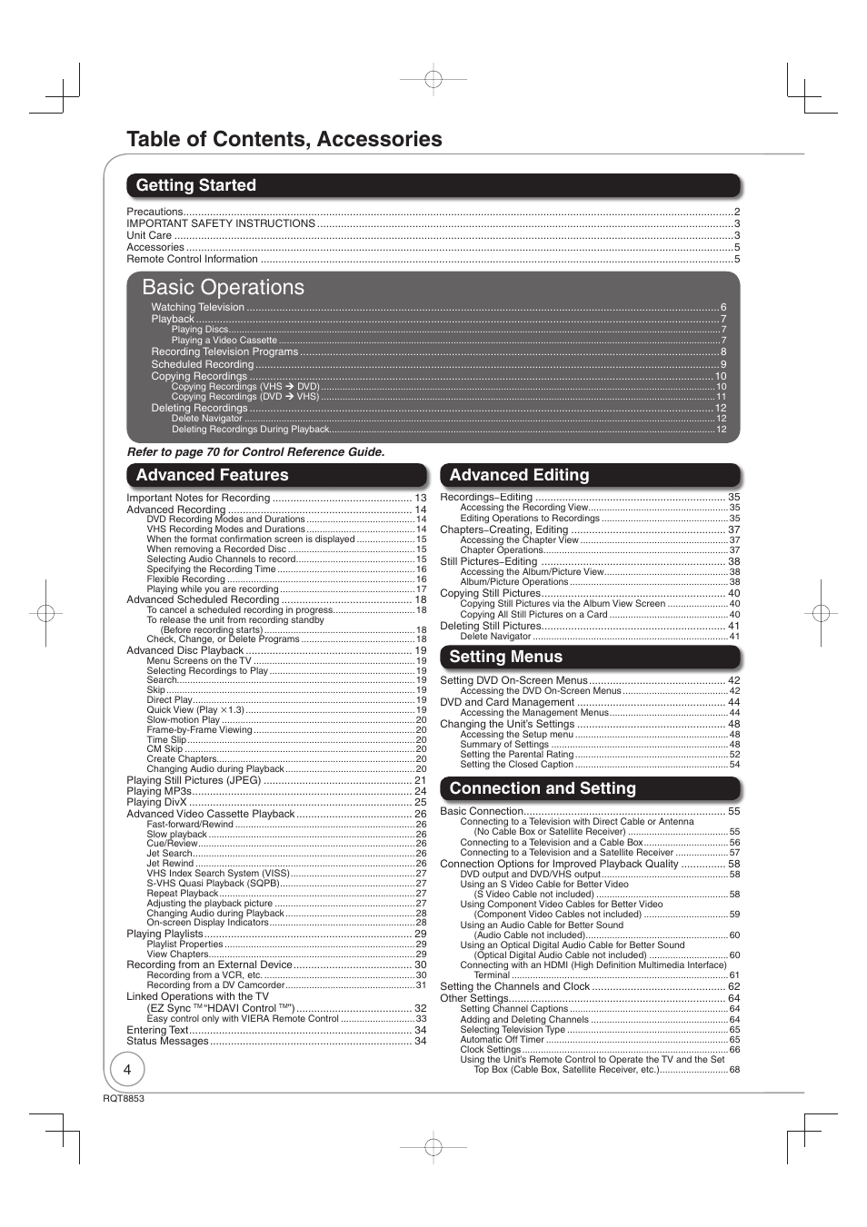Table of contents, accessories, Basic operations, Getting started | Advanced features setting menus, Advanced editing connection and setting | Panasonic DIGA DMR-EZ47V User Manual | Page 4 / 100