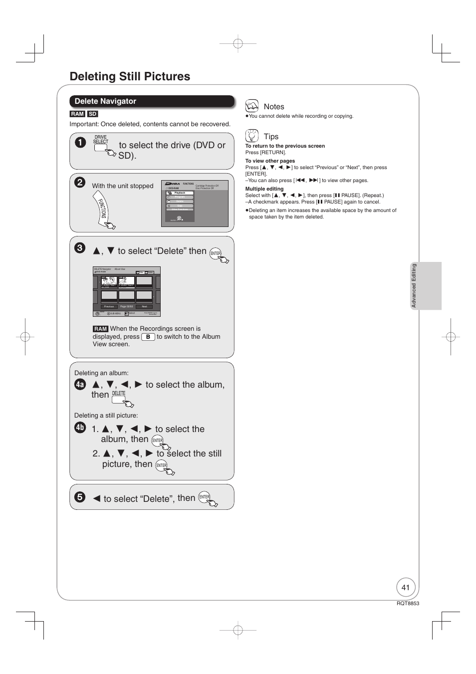 Deleting still pictures, Delete navigator, Tips | Ram] [sd, Deleting an album, Deleting a still picture, With the unit stopped | Panasonic DIGA DMR-EZ47V User Manual | Page 41 / 100