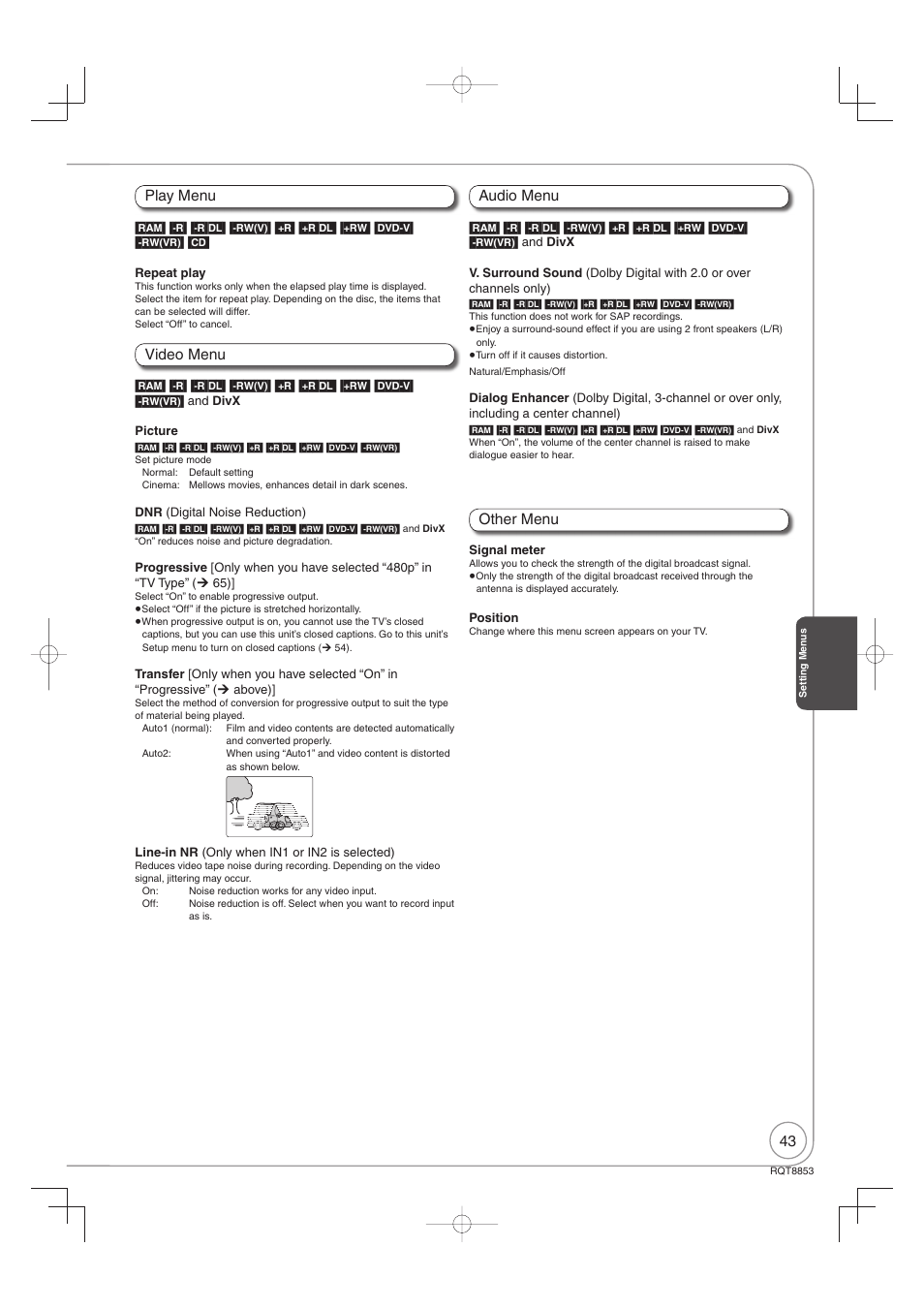 Play menu video menu audio menu other menu | Panasonic DIGA DMR-EZ47V User Manual | Page 43 / 100