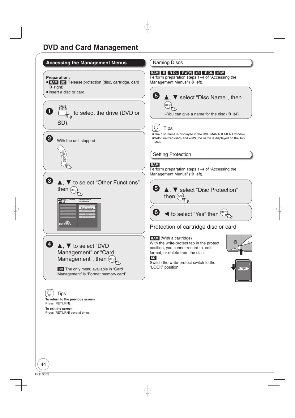 Dvd and card management, Select “disc name”, then, Select “disc protection” then | Protection of cartridge disc or card | Panasonic DIGA DMR-EZ47V User Manual | Page 44 / 100