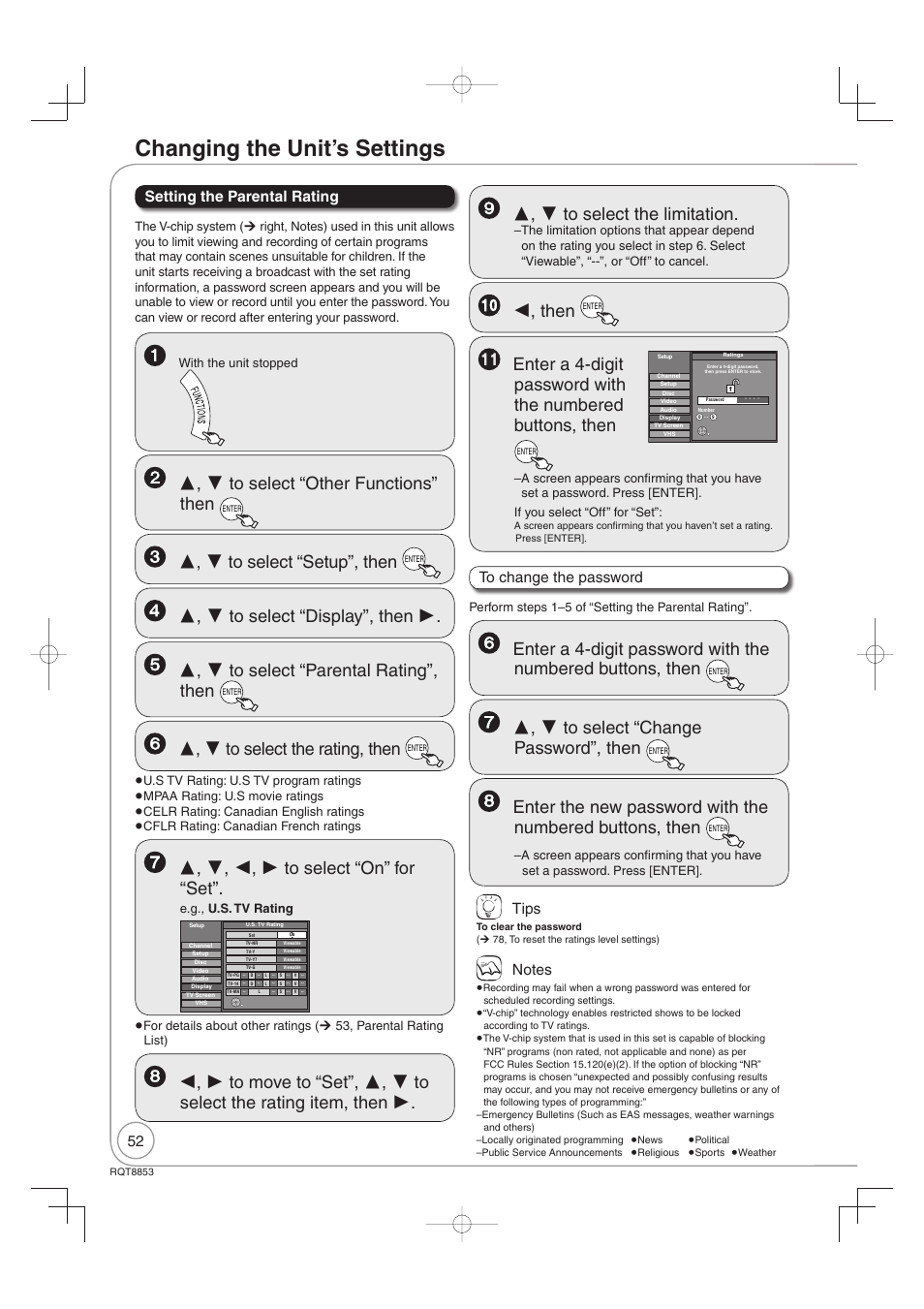 Changing the unit’s settings, Then, Tips | Setting the parental rating | Panasonic DIGA DMR-EZ47V User Manual | Page 52 / 100
