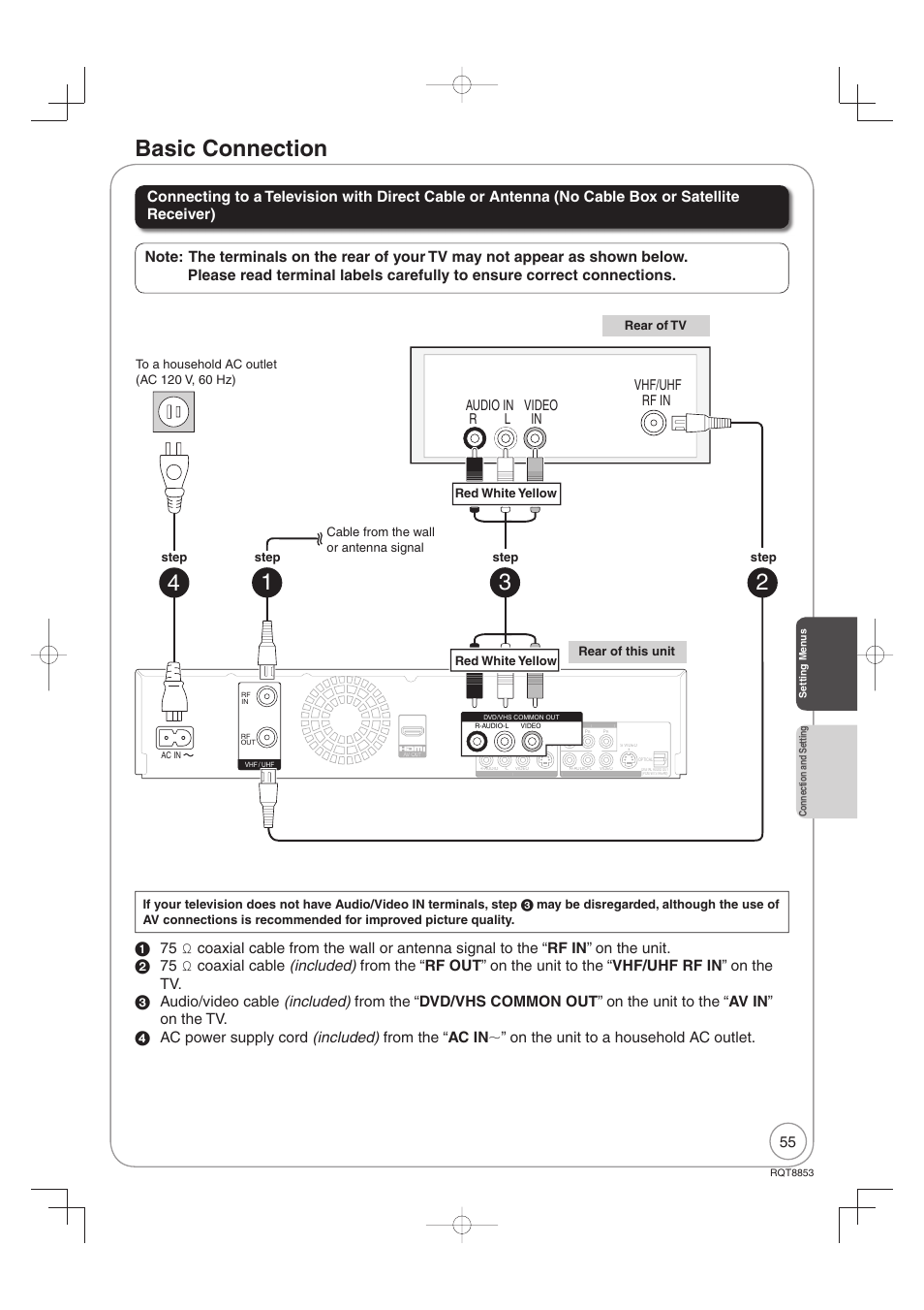 Connection and setting, Basic connection, Vhf/uhf rf in audio in video in r l | Panasonic DIGA DMR-EZ47V User Manual | Page 55 / 100