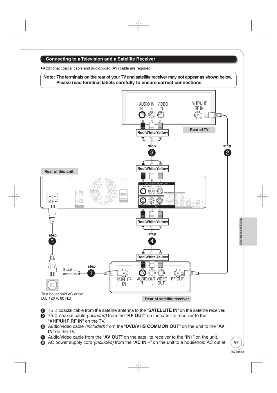 Satellite in, Audio out video, Rf out out r l | Panasonic DIGA DMR-EZ47V User Manual | Page 57 / 100