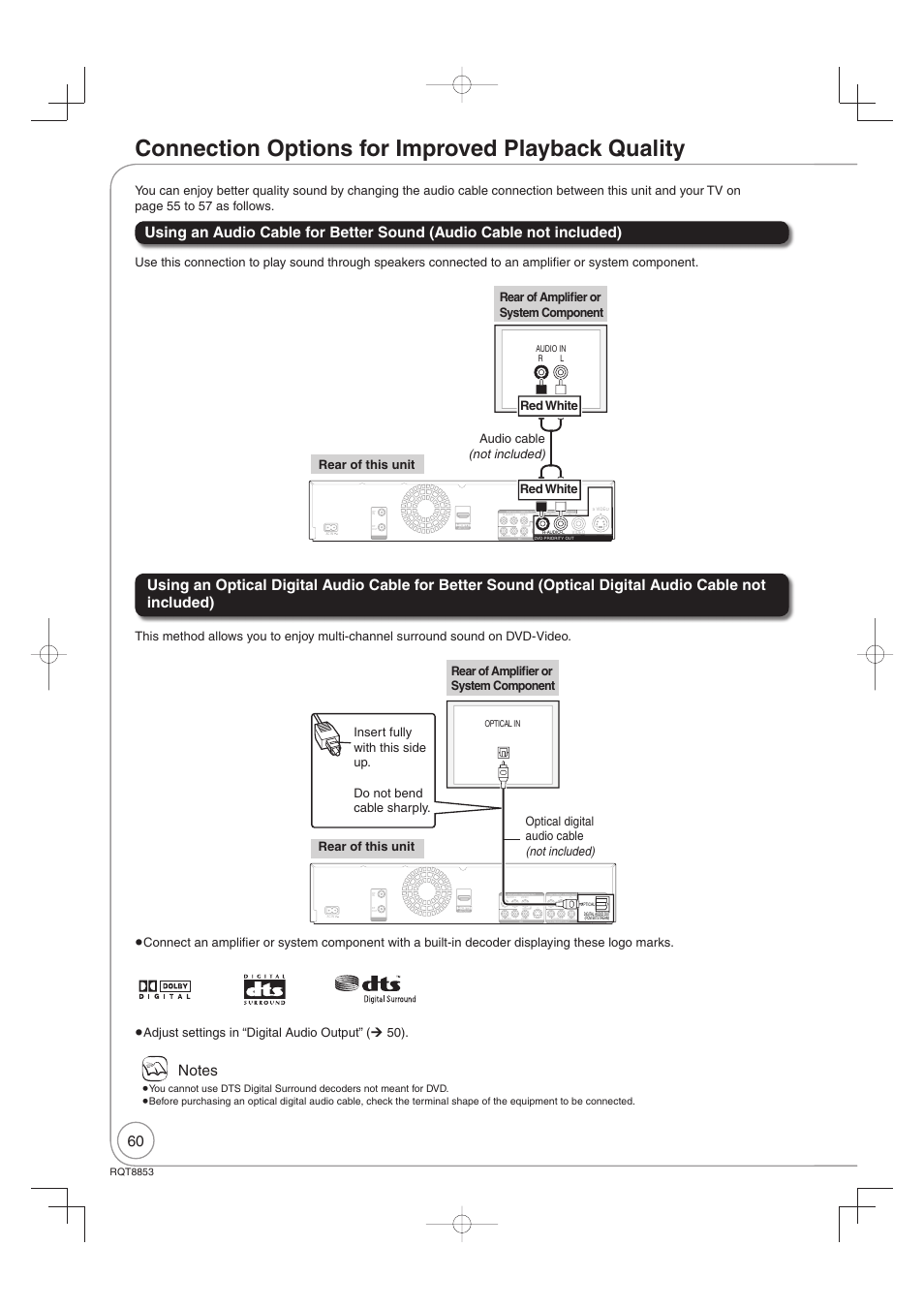 Connection options for improved playback quality, Rqt8853, Optical in | Audio in r l | Panasonic DIGA DMR-EZ47V User Manual | Page 60 / 100