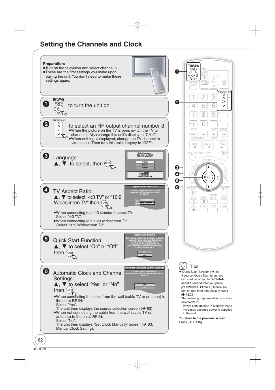 Setting the channels and clock, Language: ,  to select, then | Panasonic DIGA DMR-EZ47V User Manual | Page 62 / 100