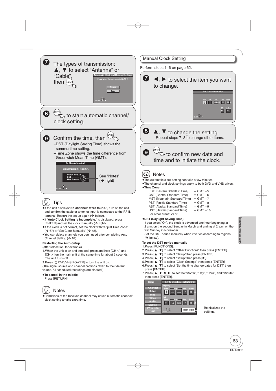 Confi rm the time, then, Tips, Manual clock setting | Perform steps 1–6 on page 62, Repeat steps 7–8 to change other items | Panasonic DIGA DMR-EZ47V User Manual | Page 63 / 100