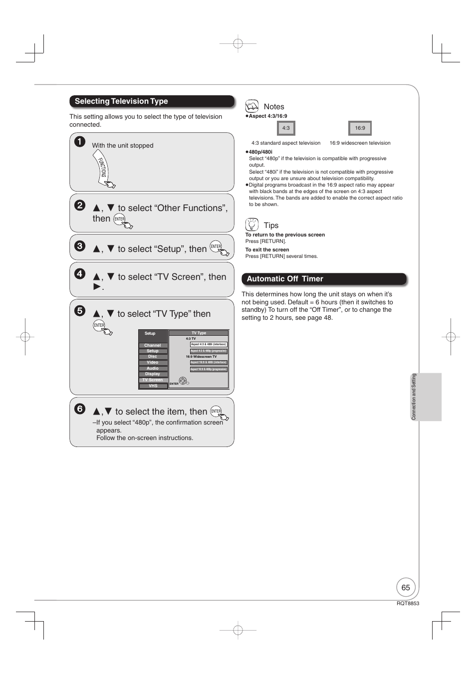 Selecting television type, Tips, Automatic off timer | Panasonic DIGA DMR-EZ47V User Manual | Page 65 / 100