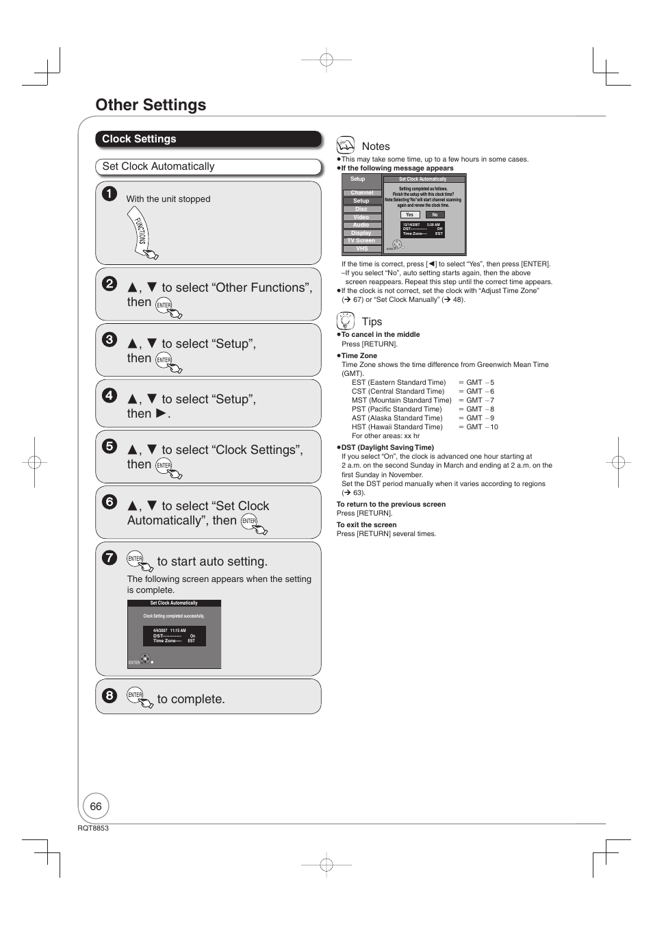 Other settings, Tips, Set clock automatically | Panasonic DIGA DMR-EZ47V User Manual | Page 66 / 100