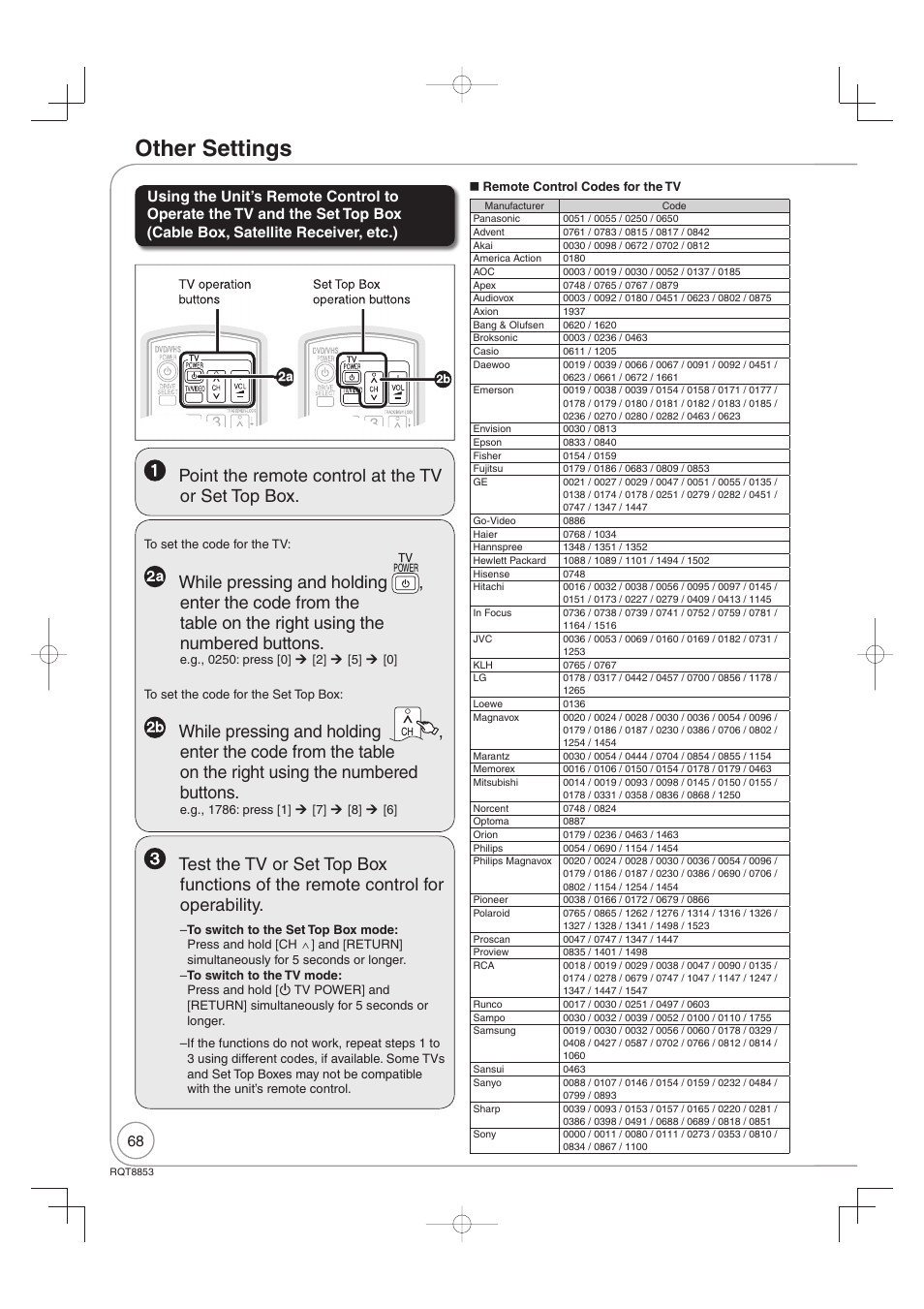 Other settings, Point the remote control at the tv or set top box, While pressing and holding | Panasonic DIGA DMR-EZ47V User Manual | Page 68 / 100