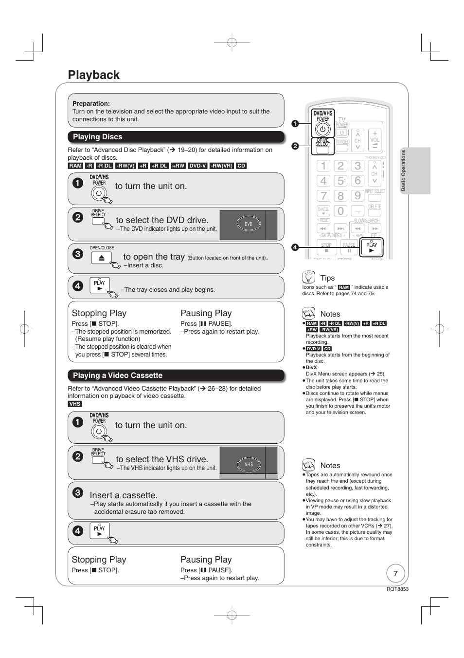 Playback, Insert a cassette, Stopping play | Pausing play | Panasonic DIGA DMR-EZ47V User Manual | Page 7 / 100