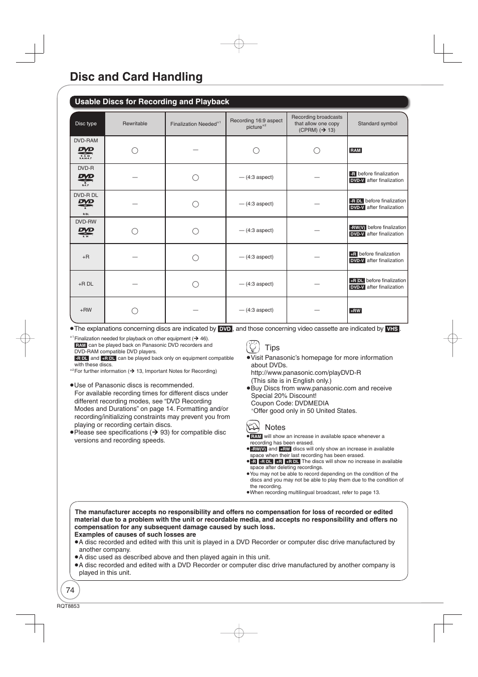 Disc and card handling, Usable discs for recording and playback tips | Panasonic DIGA DMR-EZ47V User Manual | Page 74 / 100