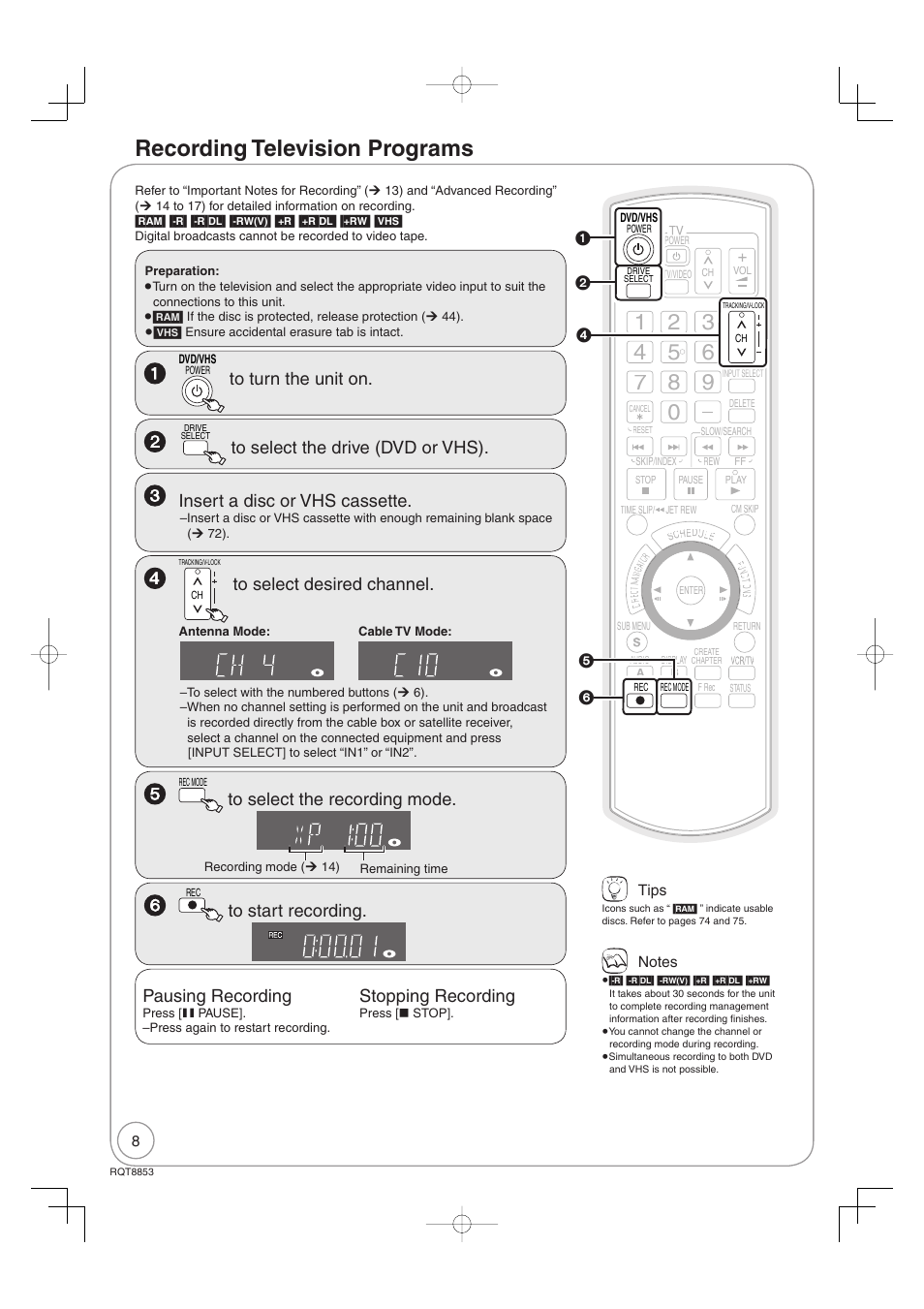 Recording television programs, Pausing recording, Stopping recording | Panasonic DIGA DMR-EZ47V User Manual | Page 8 / 100