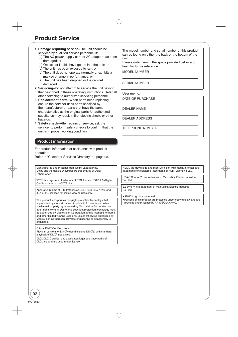 Product service, Product information | Panasonic DIGA DMR-EZ47V User Manual | Page 92 / 100