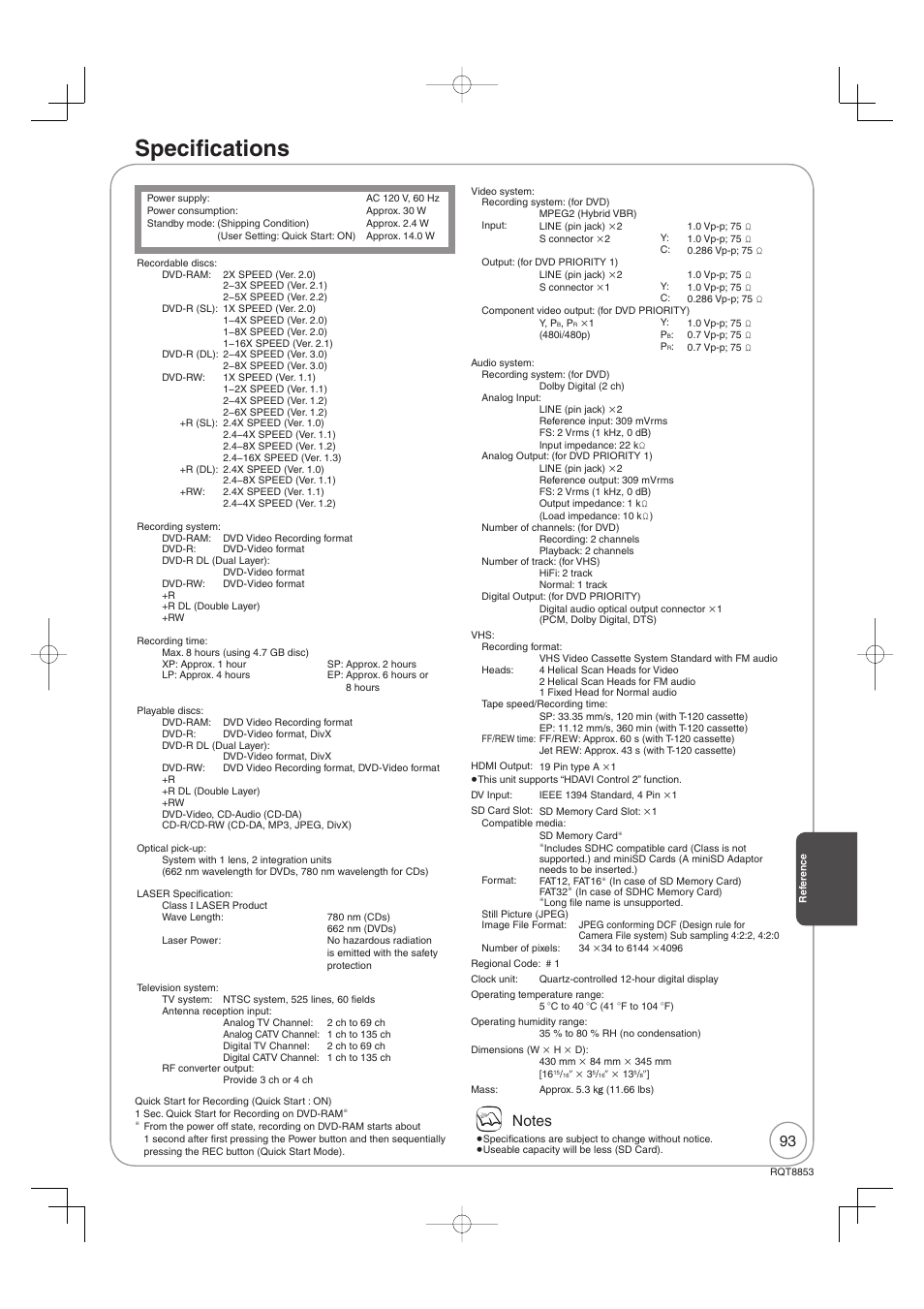 Specifi cations | Panasonic DIGA DMR-EZ47V User Manual | Page 93 / 100