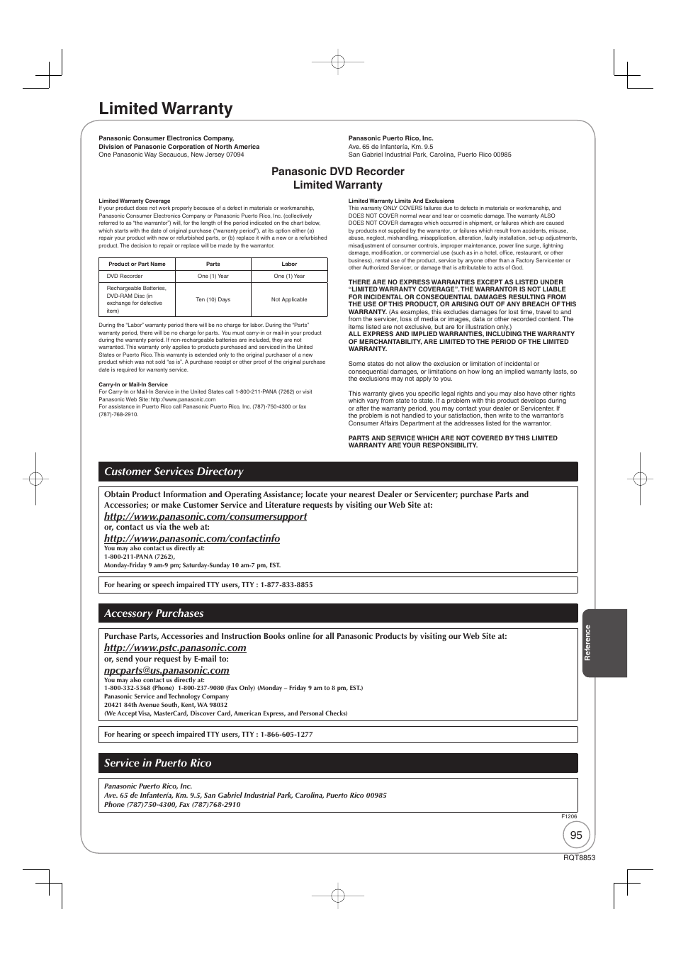 Limited warranty, Accessory purchases, Service in puerto rico | Panasonic DIGA DMR-EZ47V User Manual | Page 95 / 100