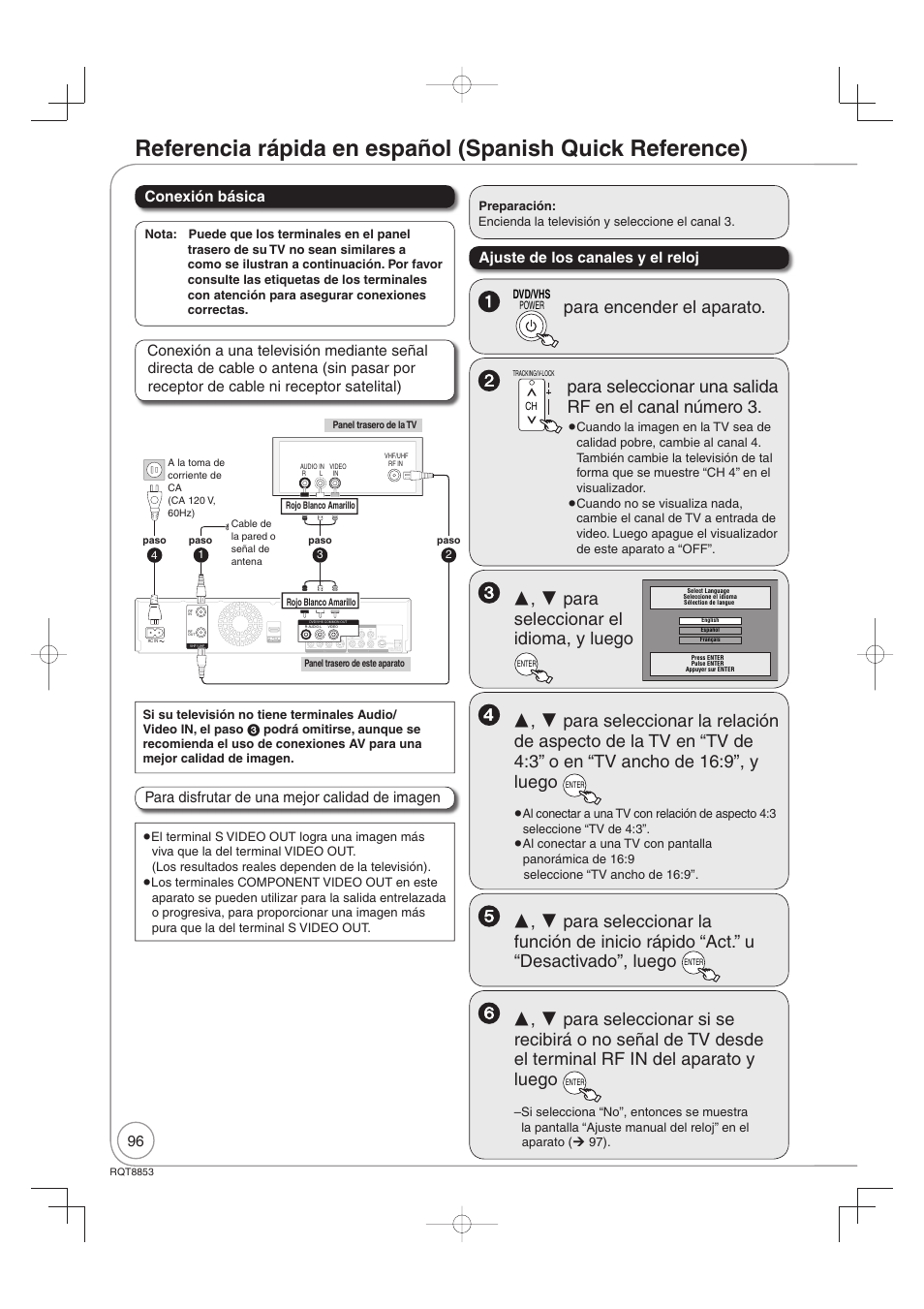 Para encender el aparato, Para seleccionar el idioma, y luego, Conexión básica | Ajuste de los canales y el reloj | Panasonic DIGA DMR-EZ47V User Manual | Page 96 / 100