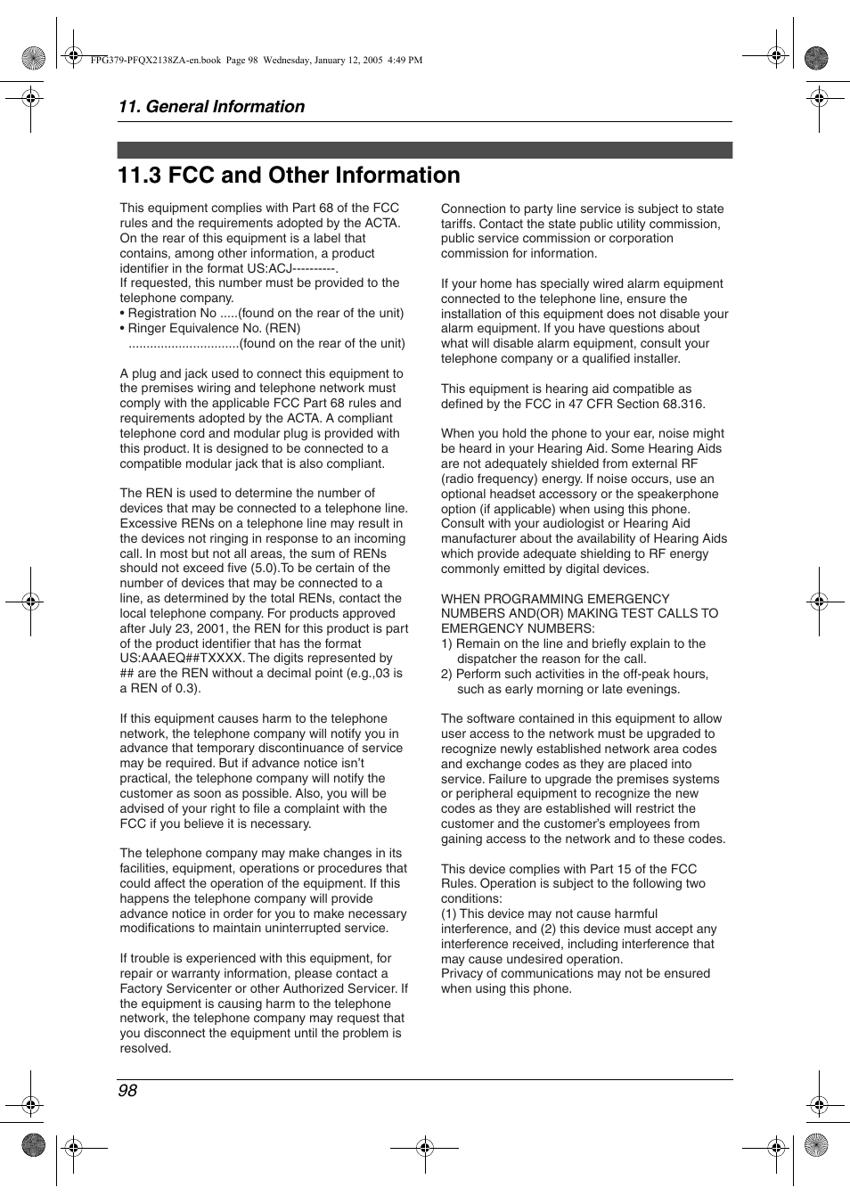 Fcc and other information, 3 fcc and other information, 3 fcc and other information | General information 98 | Panasonic KX-FPG378 User Manual | Page 100 / 110